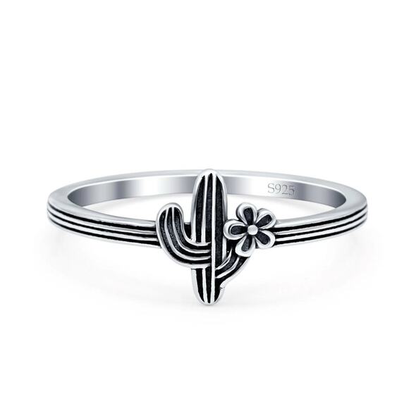 Cactus & Flower Dainty Sterling Silver Ring Sizes 4-10 Sterling Silver .925 - Picture 2 of 7